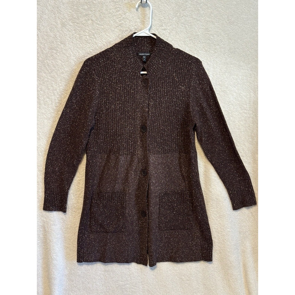 EILEEN FISHER Sweater Women Medium Long Wool Angora Silk Cardigan Brown Speckled - Picture 1 of 12